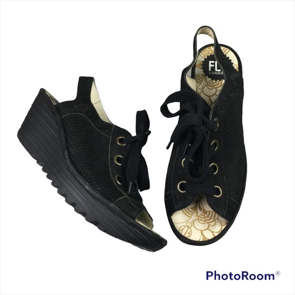 Fly London Yiva black lace up leather wedge sandals - Picture 1 of 11